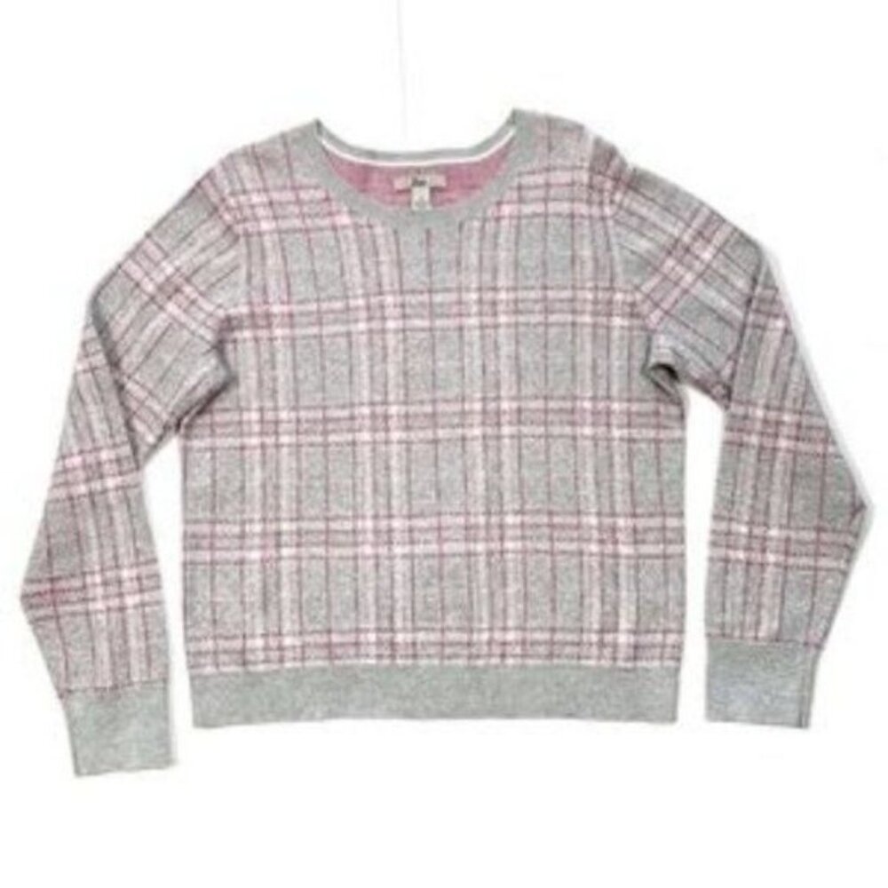 Vintage Bass Gray Plaid Windowpane Pullover Crew Neck Sweater Size Large Preppy